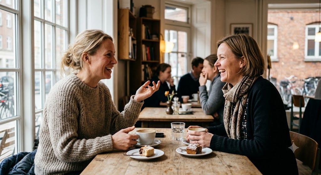 To kvinder, der griner over en kop kaffe ved et cafébord